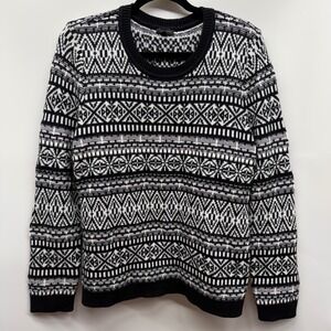 Talbots Womens Thermolite Large Black White Fair Isle Sweater Cozy Staple